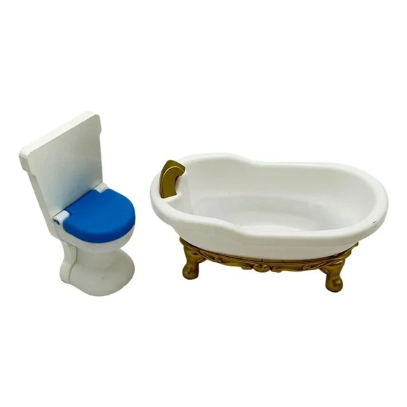 KidKraft Doll House Furniture Bathtub Gold Clawfoot Toilet White Gold Blue - Picture 2 of 7